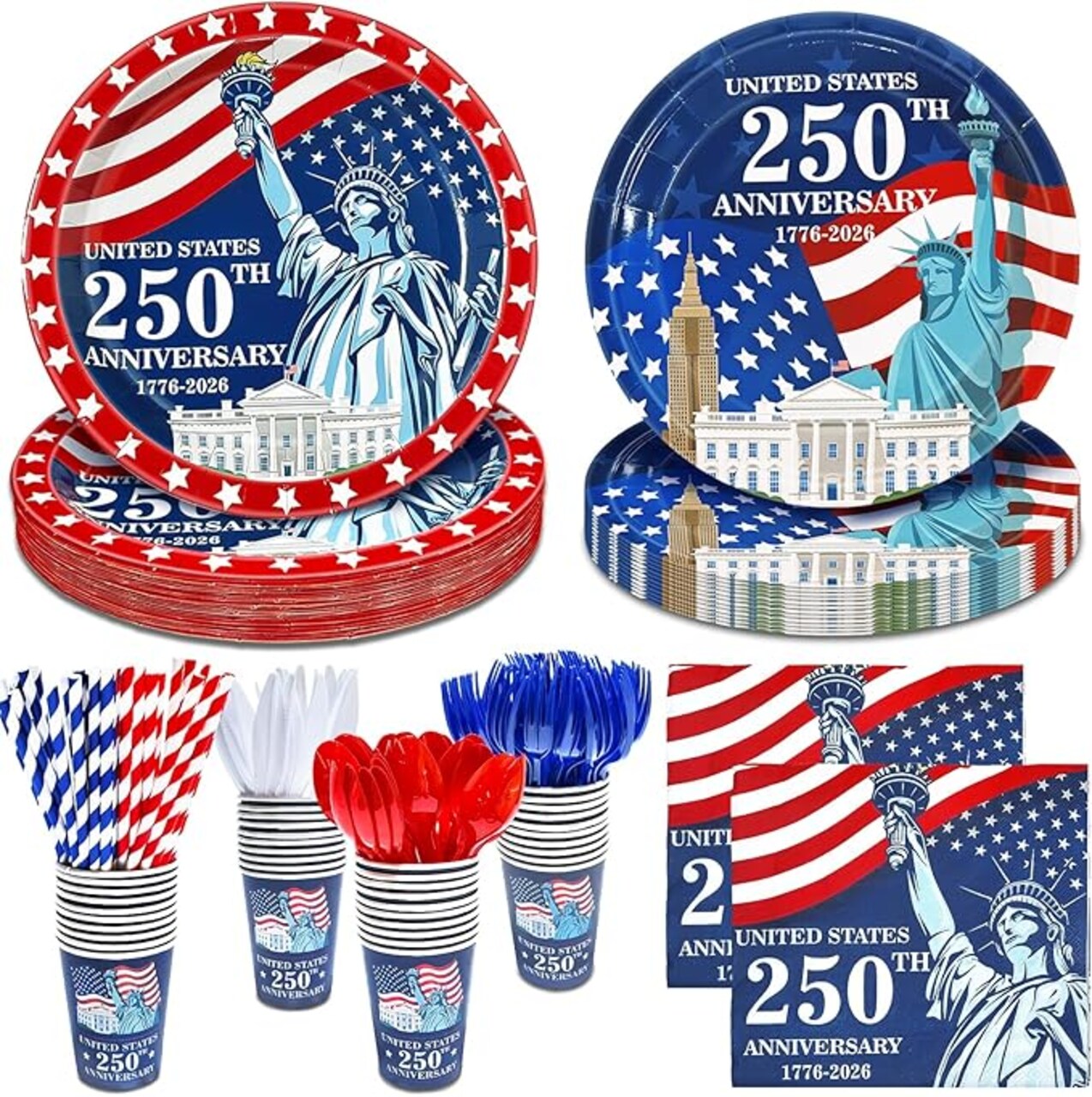 256Pcs 4th of July Decoration 250th Anniversary Patriotic American Flag Party Supplies-Serve 32 4th of July Disposable Paper Plates Cups Napkins Cutlery Forks Spoons Straws Red White Blue,Memorial Day
